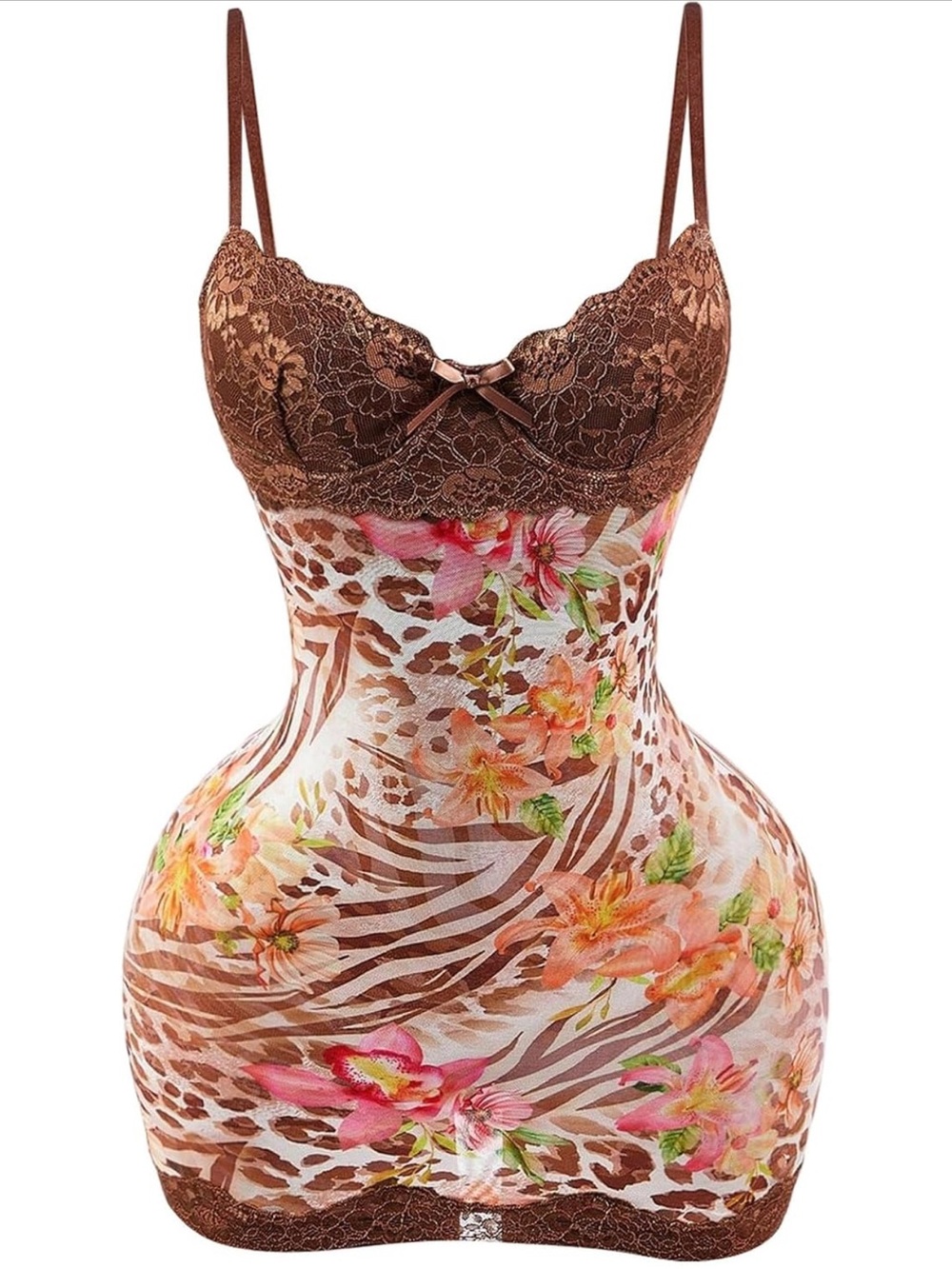 Floral & Animal-Print Brown Lace Chemise with Adjustable Straps